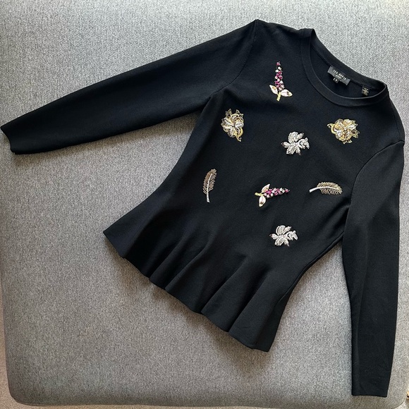 Ted Baker London Tynna Embellished Beaded Peplum Sweater Black - Picture 3 of 7